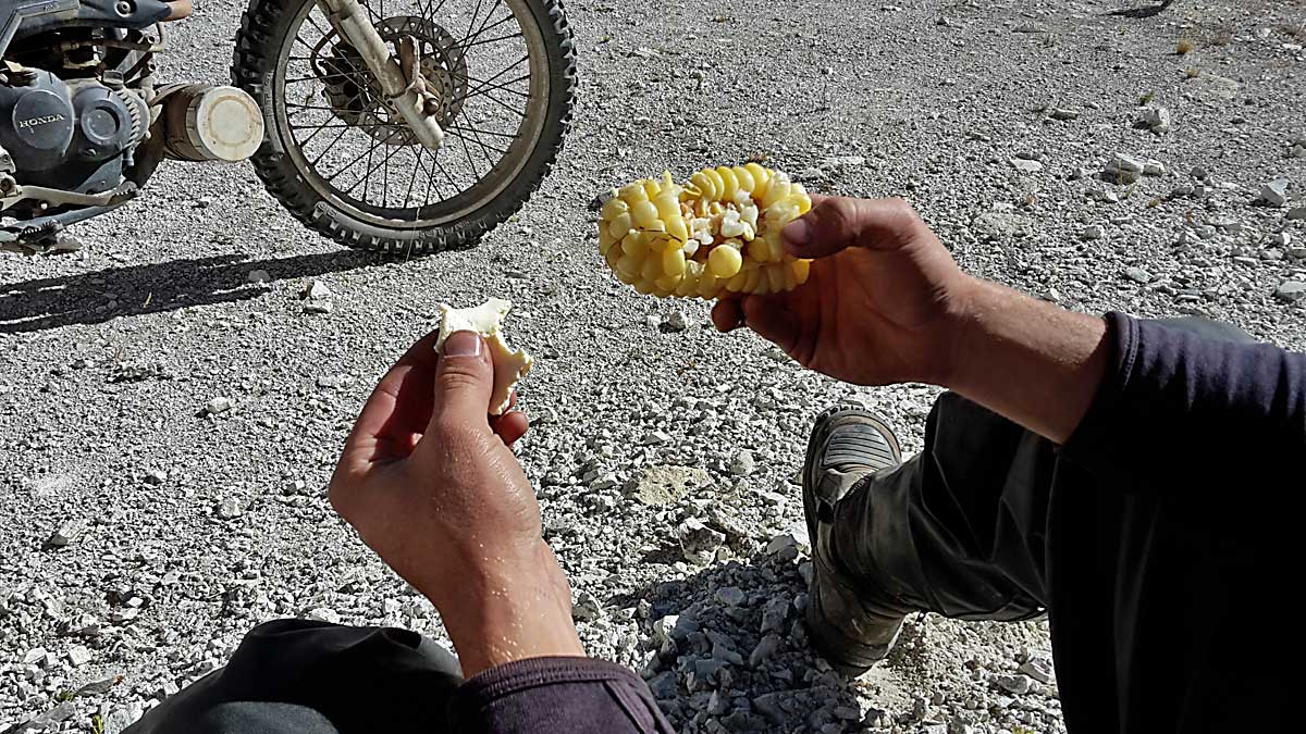 022 Pause mit einem typischen peruanischen Snack geroesteter Maiskolben